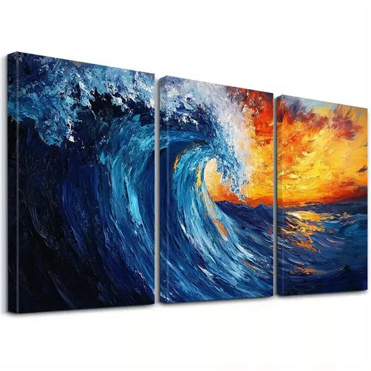 3pcs Blue And Orange Decorative Abstract Ocean Wall Art Set Canvas Framed 40x60cm - High Quality Print 100% Australian Made Wall Canvas Ready to Hang