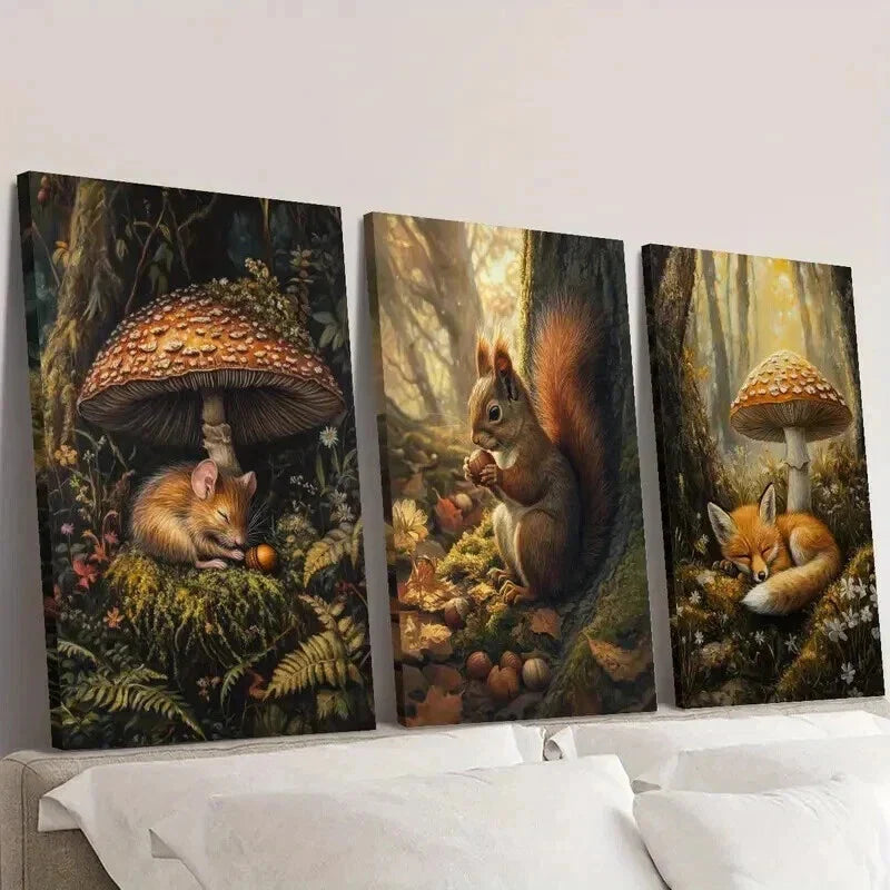 3pcs Squirrel Fox Mouse & Mushrooms Flowers Wall Art Set Canvas Framed 40x60cm - High Quality Print 100% Australian Made Wall Canvas Ready to Hang