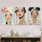 3pcs Stylish Women with Headbands & Earrings Metal Print Ready to Hang Art