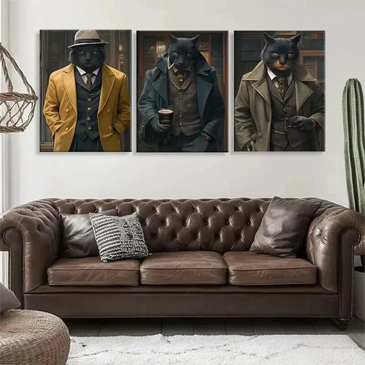3pcs Stylish Feline in Classic Suits Cat Perfect Wall Art Set Canvas Framed 40x60cm - High Quality Print 100% Australian Made Wall Canvas Ready to Hang