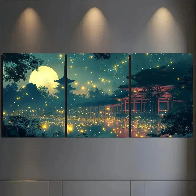 3pcs Glowing Fireflies & Asian Pagoda Design   Wall Art Set Canvas Framed 40x60cm - High Quality Print 100% Australian Made Wall Canvas Ready to Hang