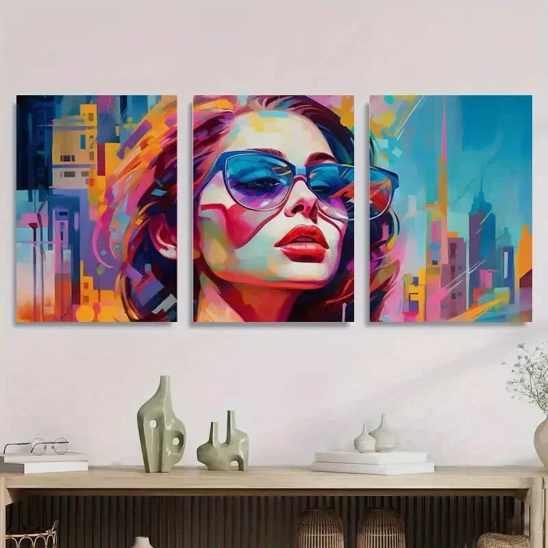 3pcs Colorful Abstract Woman with Glasses Metal Print Ready to Hang Art