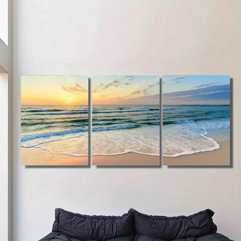 3pcs Beach Sunset Vibrant Colors, Modern Metal Print Ready to Hang Art