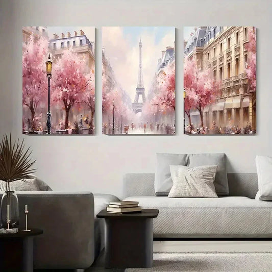 3pcs Paris Eiffel Tower Spring Cherry Blossom Metal Print Ready to Hang Art