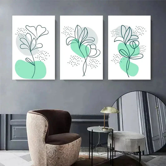 3pcs Minimalist Floral Line Green & Mint Nature Metal Print Ready to Hang Art