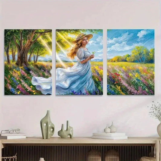 3pcs Elegant Woman in Nature Wildflowers Tree Wall Art Set Canvas Framed 40x60cm - High Quality Print 100% Australian Made Wall Canvas Ready to Hang