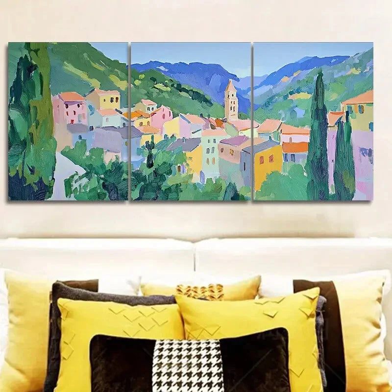 3pcs Alpine Village Scene, Metal Print Ready to Hang Art