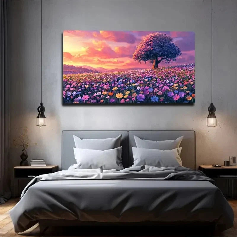 Vibrant Floral Beach Scene Wall Art Canvas Office Home Room Framed 80x45cm