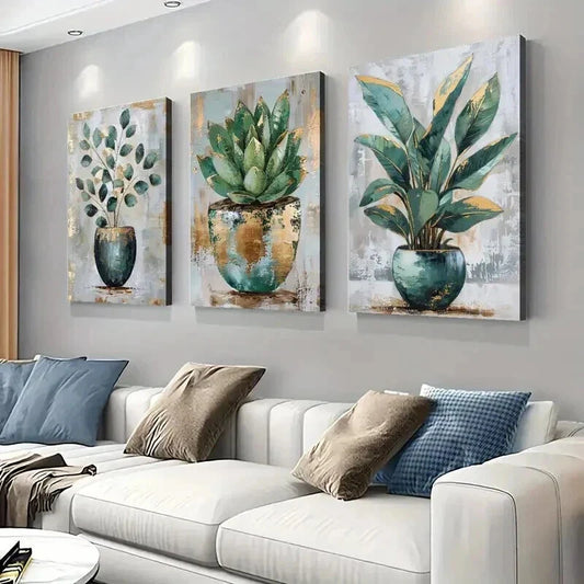 3pcs Green Botanical Succulent Paintings Wall Art Set Canvas Framed 40x60cm - High Quality Print 100% Australian Made Wall Canvas Ready to Hang
