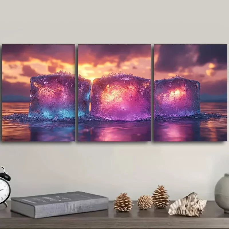 3pcs  Ice Cubes Design, Coastal Landscape Wall Art Set Canvas Framed 40x60cm - High Quality Print 100% Australian Made Wall Canvas Ready to Hang