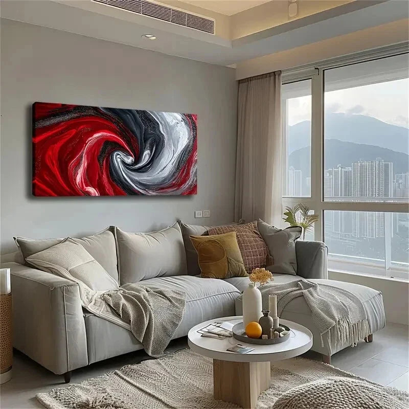 Vortex Design Red Black Gray Wall Art Canvas Office Home Room Framed 120x60cm
