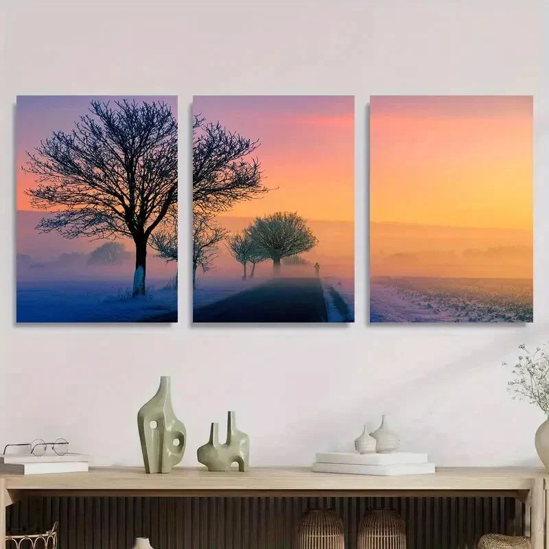 3pcs Serene Snowy Road & Foggy Trees Metal Print Ready to Hang Art