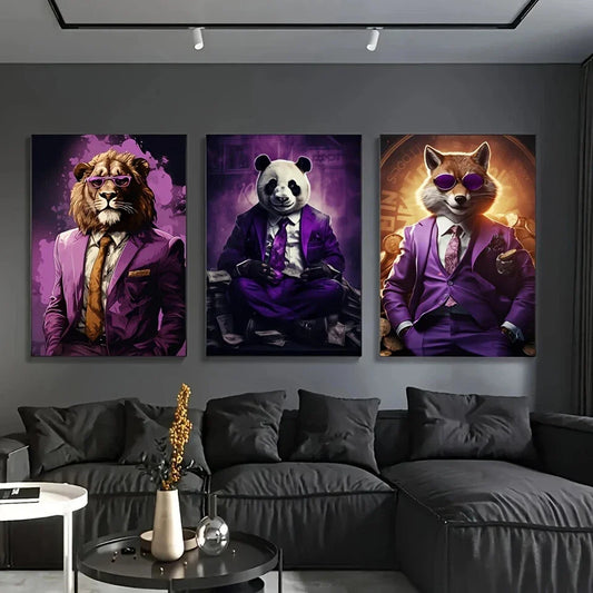 3pcs Panda Lion Fox In A Purple Suit Metal Print Ready to Hang Art