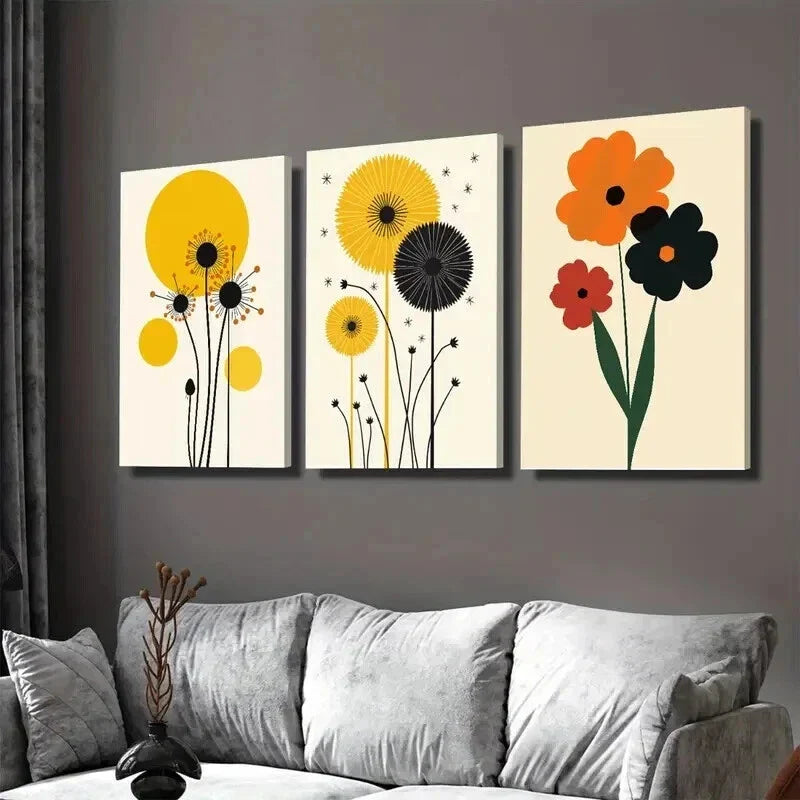 3pcs Modern Floral Vibrant Yellow, Orange & Red Wall Art Set Canvas Framed 40x60cm - High Quality Print 100% Australian Made Wall Canvas Ready to Hang
