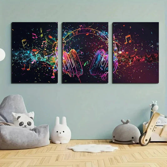 3pcs Colorful Music Headphones Vibrant Abstract Metal Print Ready to Hang Art