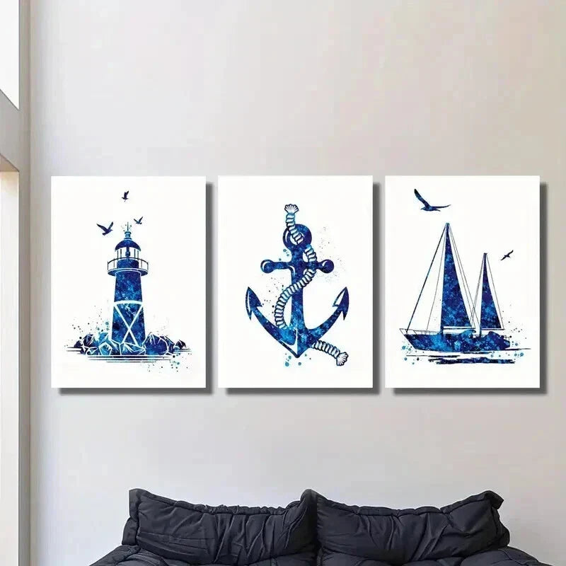 3pcs Navy Blue Lighthouse Sailboat Anchor Wall Art Set Canvas Framed 40x60cm - High Quality Print 100% Australian Made Wall Canvas Ready to Hang
