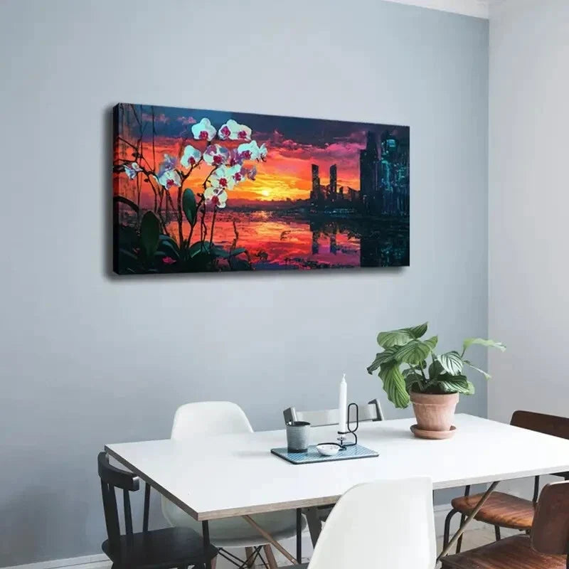 White Orchid & Urban Skyline Wall Art Canvas Office Home Room Framed 120x60cm
