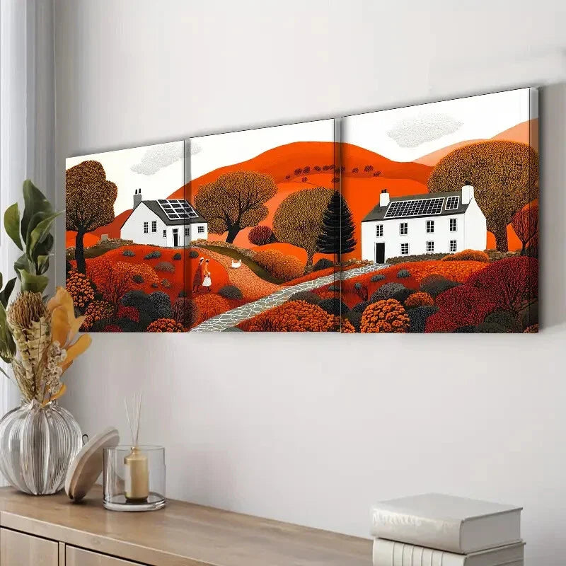 3pcs Autumn Sun House Colorful Sharpe Perfect Wall Art Set Canvas Framed 40x60cm - High Quality Print 100% Australian Made Wall Canvas Ready to Hang