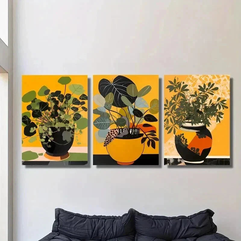 3pcs Green Leaves Plant Pot Painting Wall Art Set Canvas Framed 40x60cm - High Quality Print 100% Australian Made Wall Canvas Ready to Hang