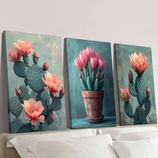 3pcs Cactus Flowers Potted Desert Plants Wall Art Set Canvas Framed 40x60cm - High Quality Print 100% Australian Made Wall Canvas Ready to Hang