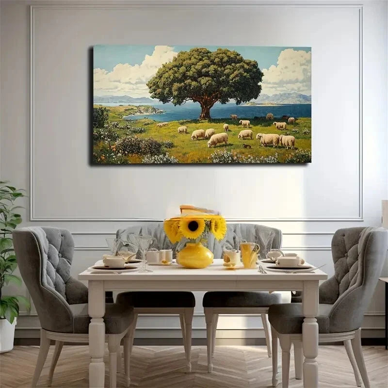 Serene Sheep Grazing Under Tree Wall Art Canvas Office Home Room Framed 120x60cm