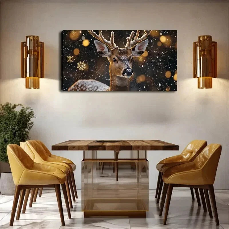 Snowflakes Falling Its Antlers Wall Art Canvas Office Home Room Framed 80x45cm