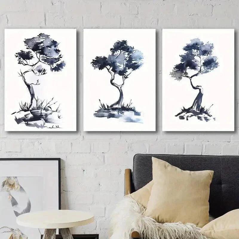 3pcs Blue & Black Abstract Tree Paintings Wall Art Set Canvas Framed 40x60cm - High Quality Print 100% Australian Made Wall Canvas Ready to Hang