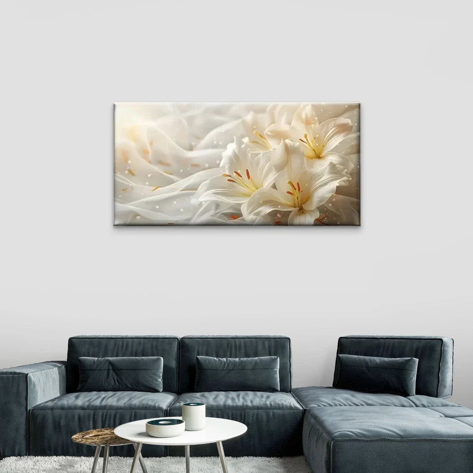 White Flowers Petal Wall Art Canvas Office Home Room Framed 80x45cm