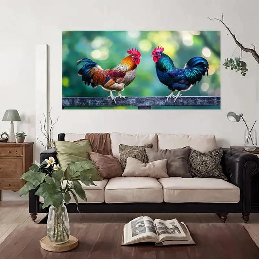 Two Vibrant Rooster Nature Wall Art Canvas Office Home Room Framed 80x45cm
