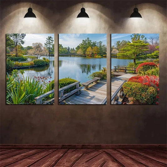 3pcs A Picturesque Scene of Japanese Style Gardens Metal Print Ready to Hang Art