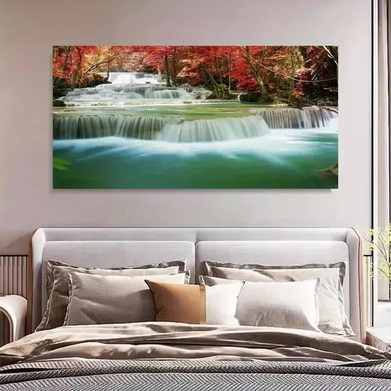 Waterfall Red Autumn Trees Landscape Wall Art Canvas Office Home Room Framed 80x45cm