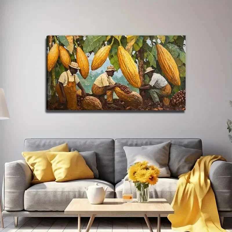 Cocoa Plantation Workers Wall Art Canvas Office Home Room Framed 120x60cm
