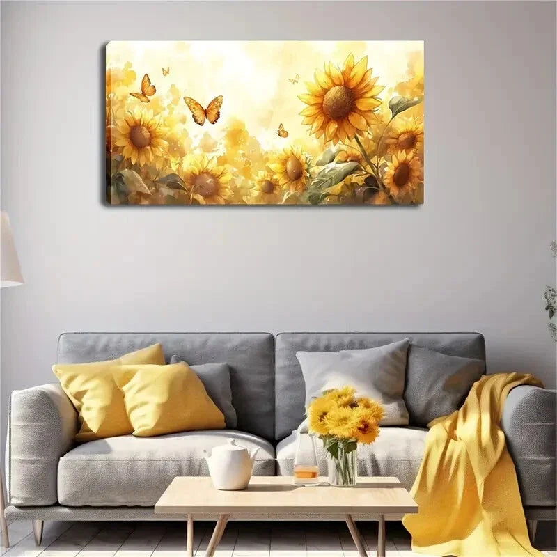Golden Petals & Brown Floral Wall Art Canvas Office Home Room Framed 120x60cm