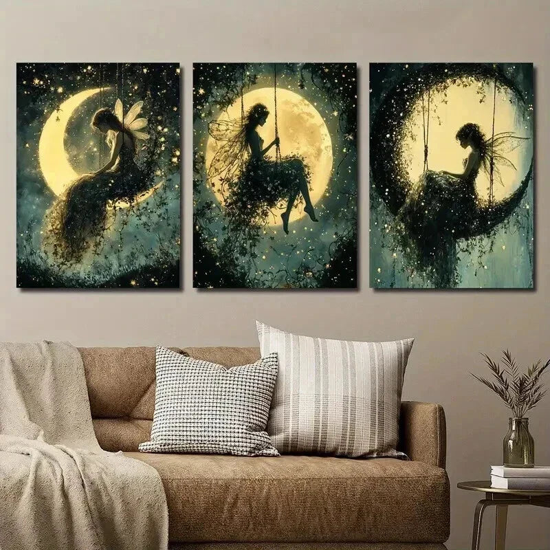 3pcs Night Time with Glowing Moon & Stars Wall Art Set Canvas Framed 40x60cm - High Quality Print 100% Australian Made Wall Canvas Ready to Hang