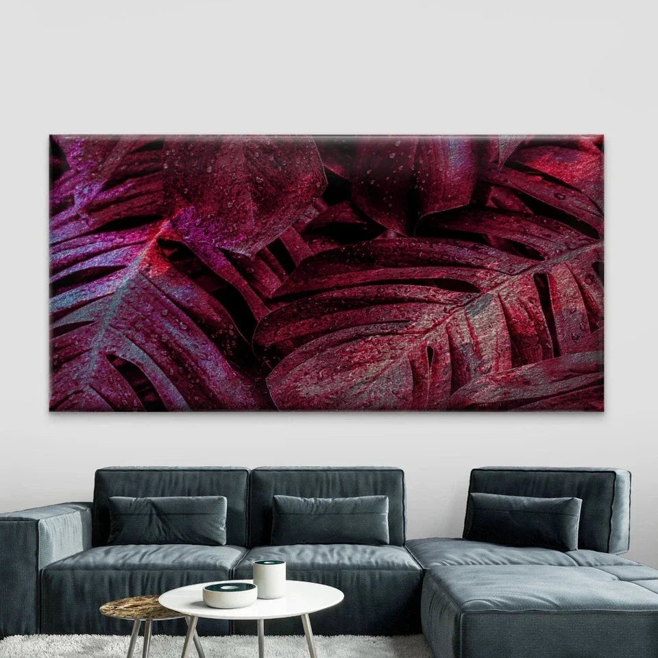 Dark Red Monstera Leaf Wall Art Canvas Office Home Room Framed 80x45cm