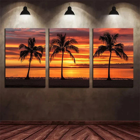 3pcs A Sunset Beach with Palm Trees Orange Sky Metal Print Ready to Hang Art