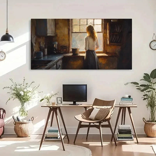 Serene Kitchen Scene Woman Wall Art Canvas Office Home Room Framed 120x60cm