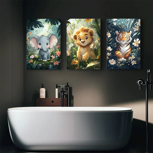 3pcs Cute Animal Elegant Jungle Animal Metal Print Ready to Hang Art