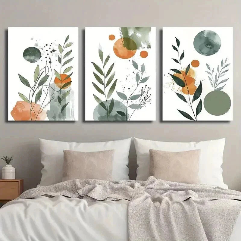 3pcs Nordic Green & Orange Botanical Leaf Wall Art Set Canvas Framed 40x60cm - High Quality Print 100% Australian Made Wall Canvas Ready to Hang