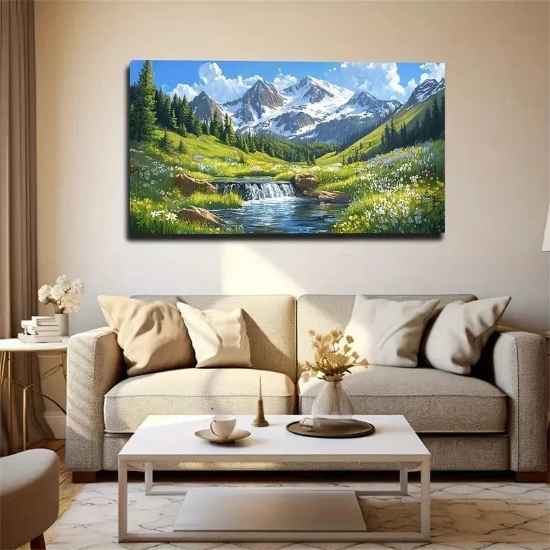 Serene Stream Snow-Capped Wall Art Canvas Office Home Room Framed 120x60cm