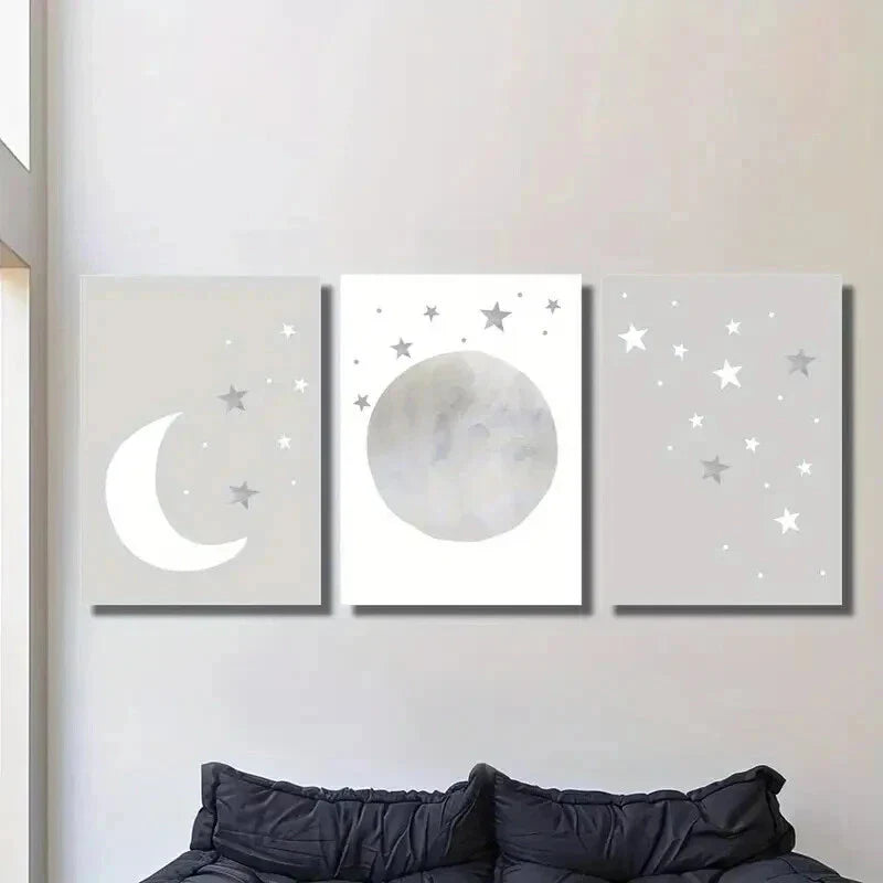 3pcs Neutral Gray Moon and Stars Wall Art Set Canvas Framed 40x60cm - High Quality Print 100% Australian Made Wall Canvas Ready to Hang