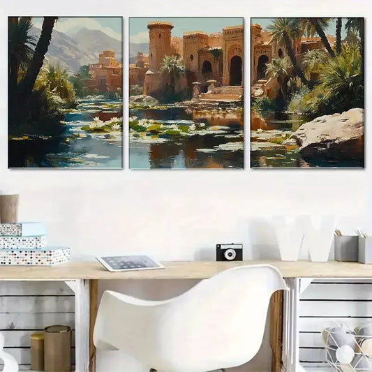 3pcss  beautiful Oriental Oasis Landscape  Wall Art Set Canvas Framed 40x60cm - High Quality Print 100% Australian Made Wall Canvas Ready to Hang
