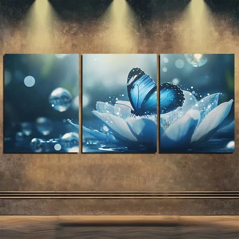 3pcs Vibrant Blue Butterfly on White Lotus Perfect Wall Art Set Canvas Framed 40x60cm - High Quality Print 100% Australian Made Wall Canvas Ready to Hang