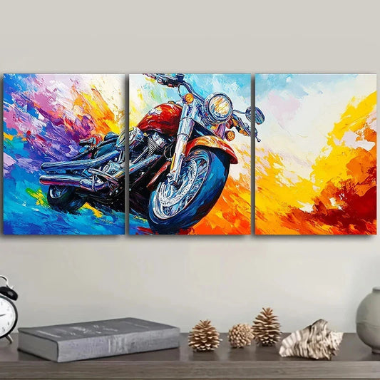 3pcs Colourful Vibrant Motorcycle Oil Painting Metal Print Ready to Hang Art