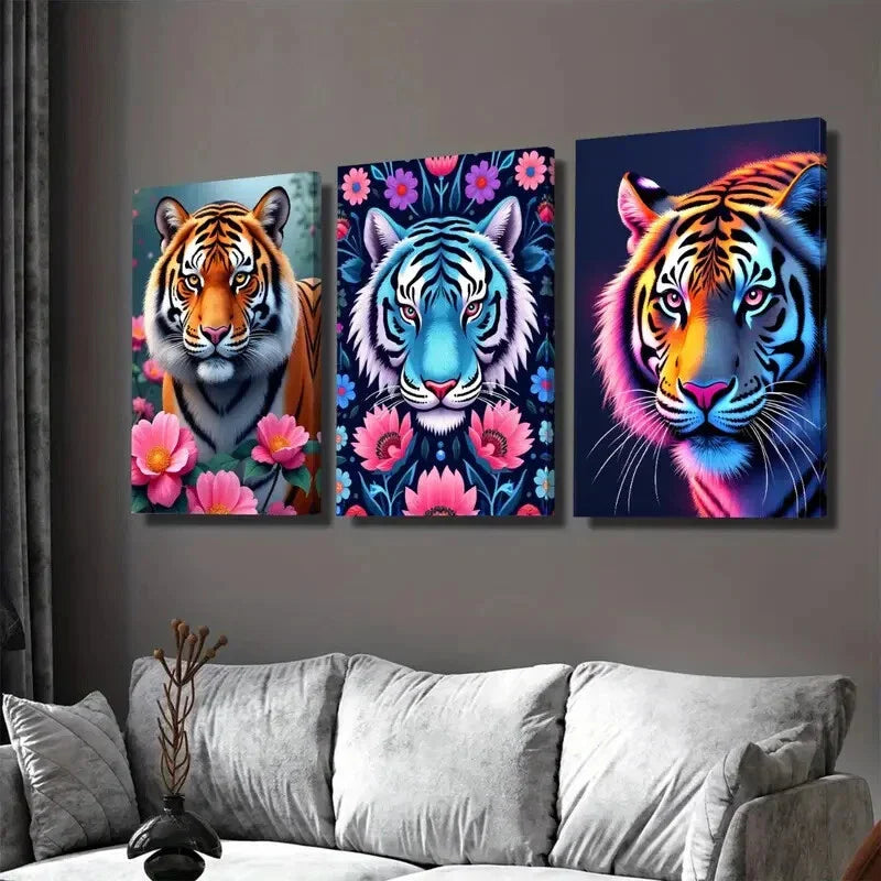 3pcs Vibrant Tiger Modern Picture Wall Art Set Canvas Framed 40x60cm - High Quality Print 100% Australian Made Wall Canvas Ready to Hang