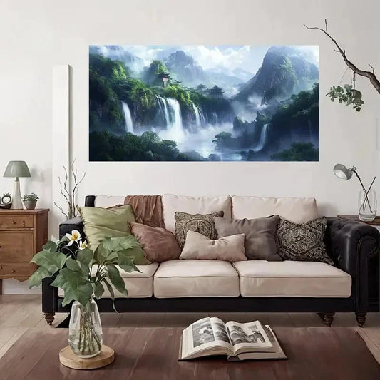 Misty Mountain Waterfall Land Wall Art Canvas Office Home Room Framed 80x45cm