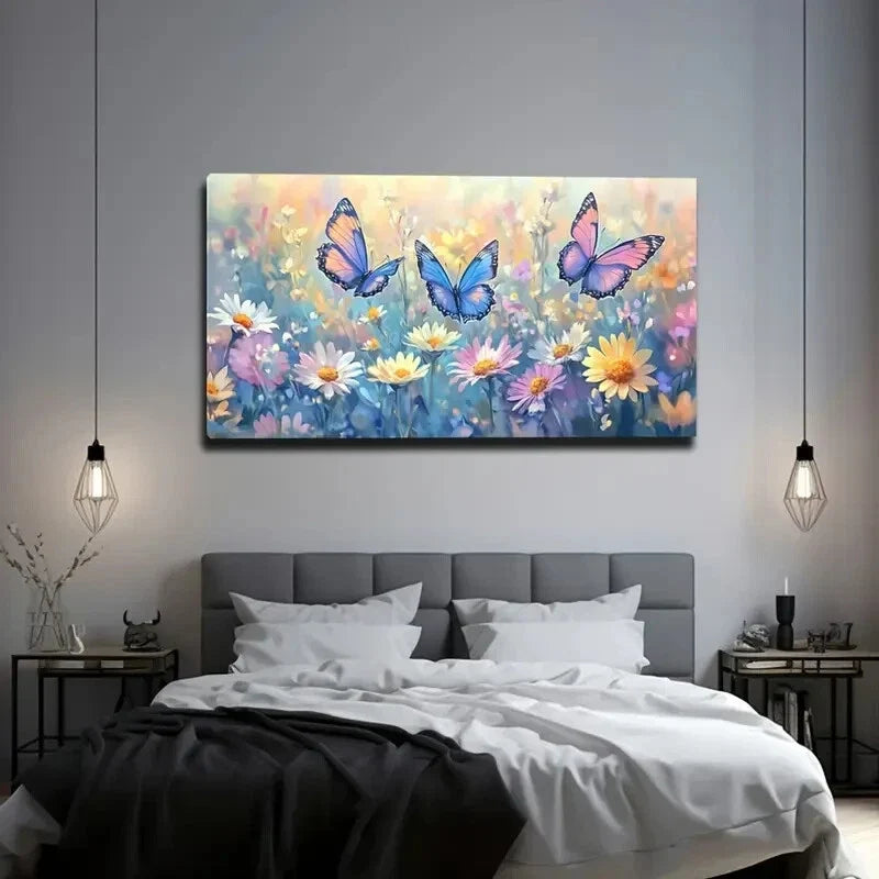 Butterfly Flower Field Décor Wall Art Canvas Office Home Room Framed 120x60cm