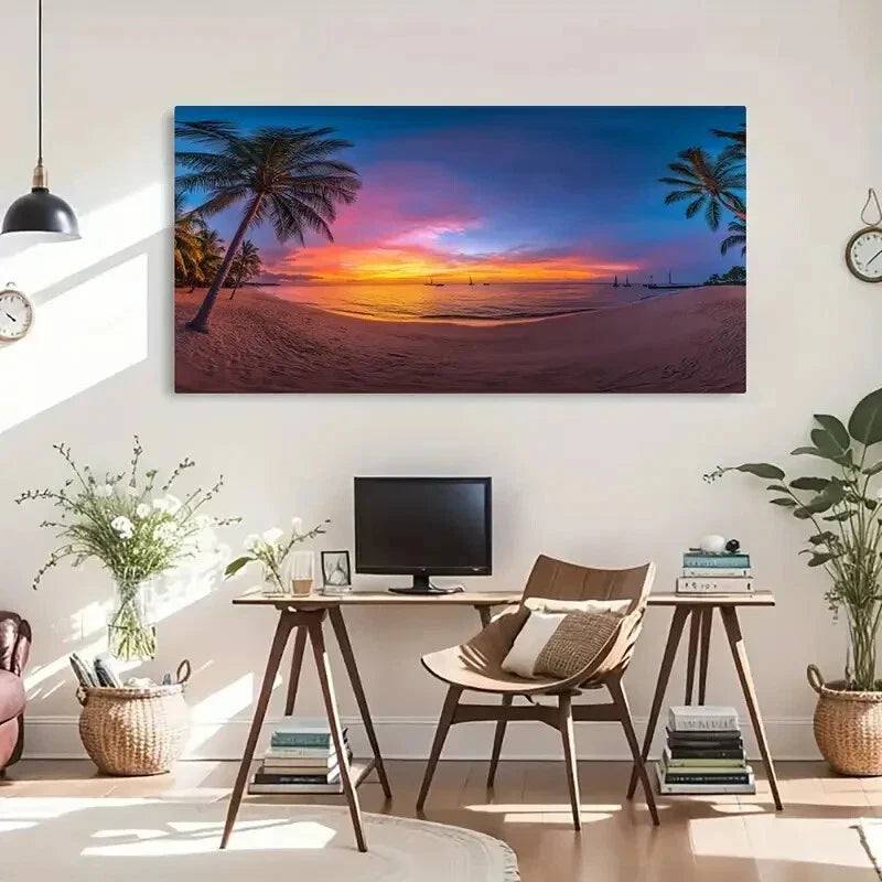 Tropical Sunset Palm Tree Beach Wall Art Canvas Office Home Room Framed 120x60cm