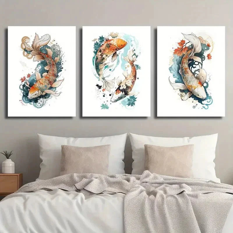 3pcs Japanese Bright Koi Carp Wall Art Set Canvas Framed 40x60cm - High Quality Print 100% Australian Made Wall Canvas Ready to Hang
