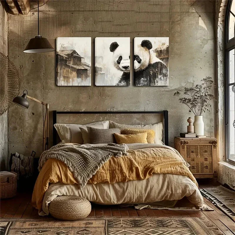 3pcs Charming Panda Traditional Building Perfect Wall Art Set Canvas Framed 40x60cm - High Quality Print 100% Australian Made Wall Canvas Ready to Hang